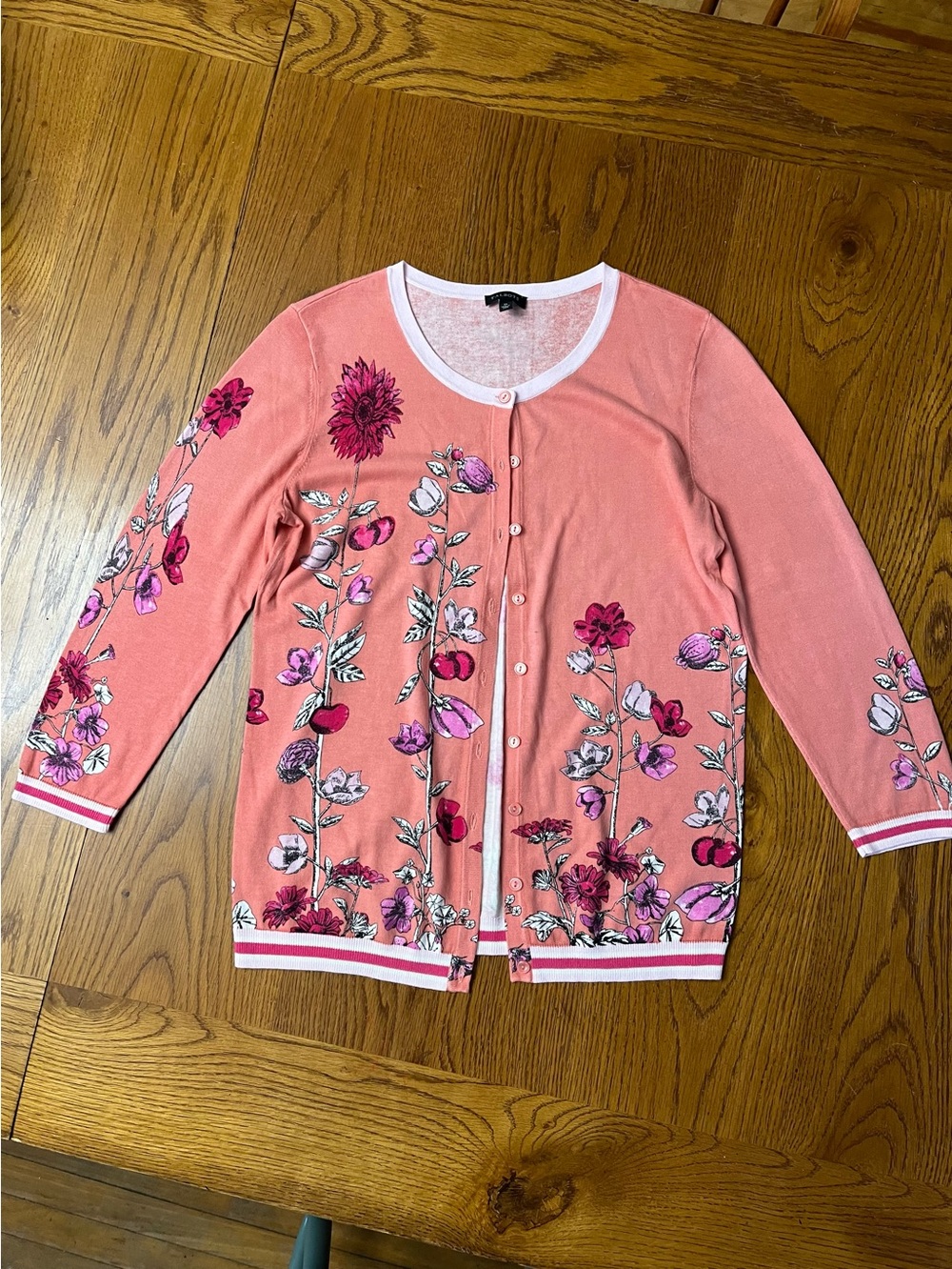 Talbots fine gauge cotton-rayon Floral Pink Coral Button-Front Cardigan